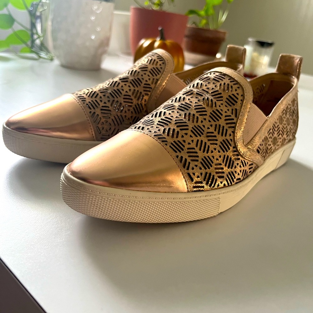 Karl Lagerfeld slip on gold shoes
